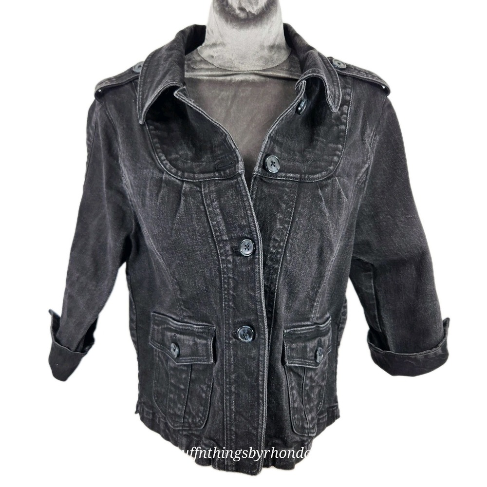 Ladies Black Denim Motto‎ Jacket Size Small / 3 Quarter Length Cuffed Sleeves